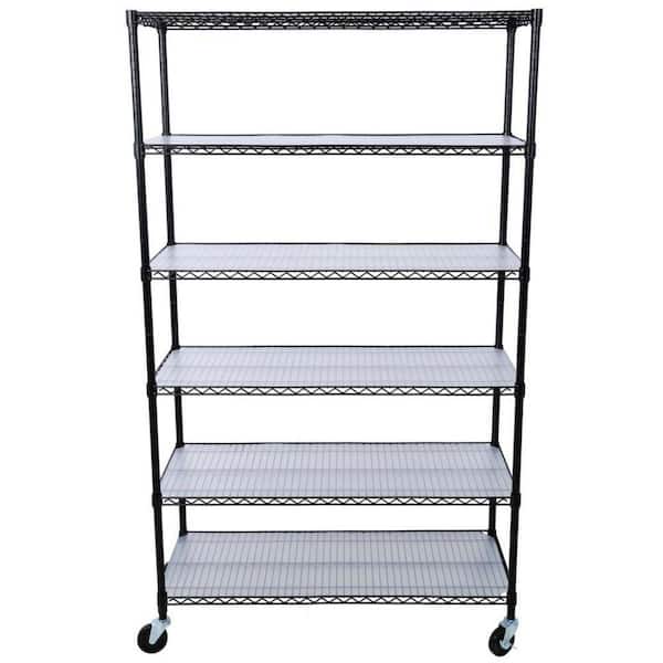 6 Tier Metal Black Heavy Duty Adjustable Storage Rack, 82-5/8"H x 48"L x 18"D, with Wheels and Shelf