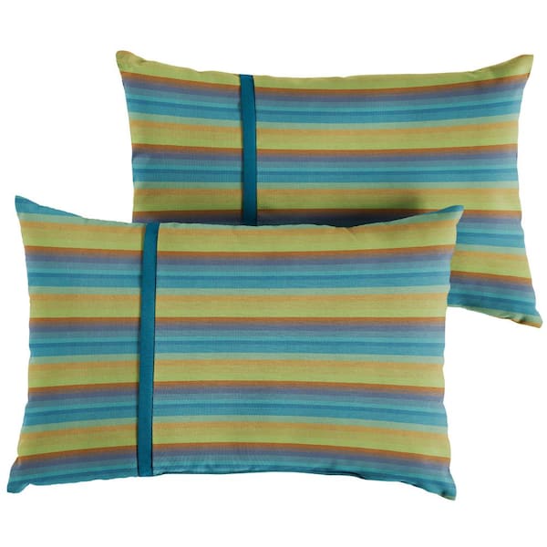 SORRA HOME Sunbrella Blue Stripe with Peacock Blue Rectangular Outdoor Knife Edge Lumbar Pillows (2-Pack)
