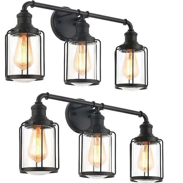 Jushua 24 in. 3-Light Matte Black Vanity Light with Clear Glass Shade (2-Pack)