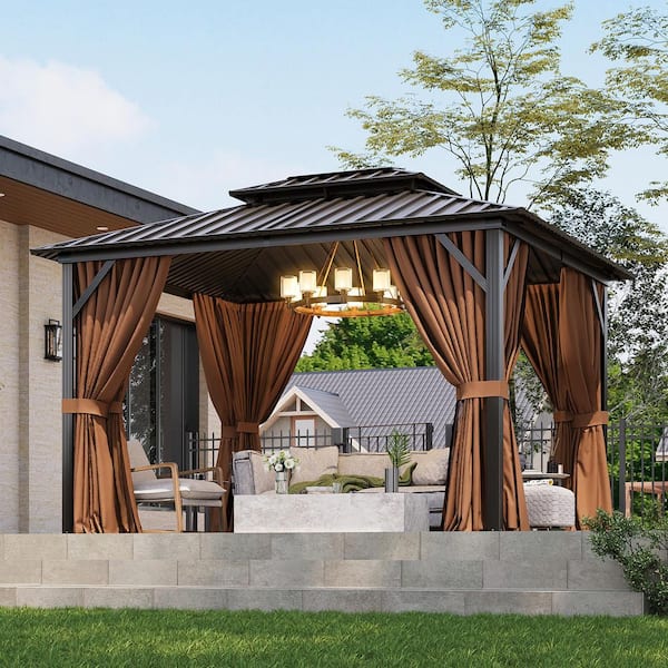 12 ft. x 10 ft. Steel Frame Double Metal Roof Gazebo with Hooks, Curtains, and Netting