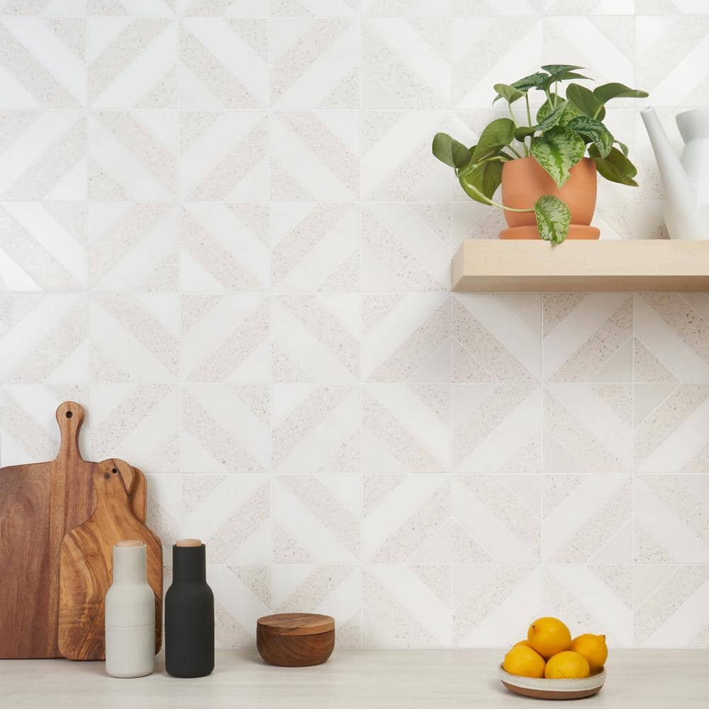 Salt White Polished Marble and Terrazzo Mosaic Tile Sheet