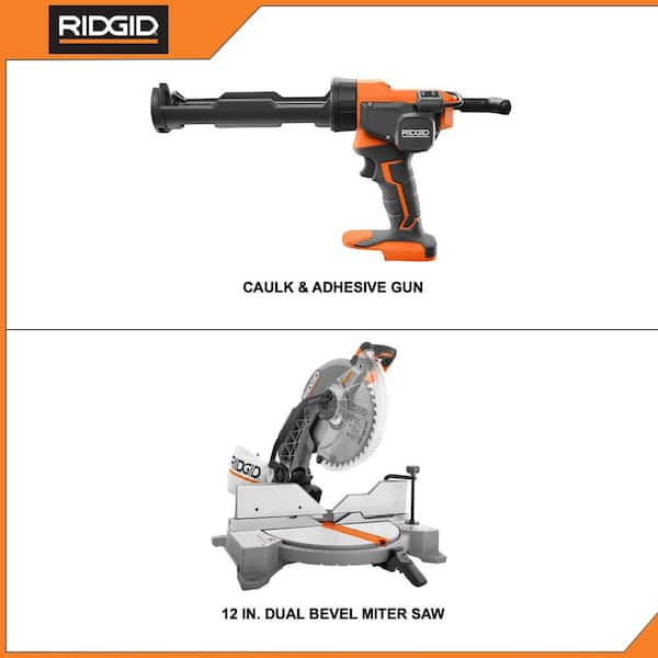 RIDGID 15 Amp Corded 12 in. Dual Bevel Miter Saw with LED Cutline Indicator and 18V Cordless 10 oz. Caulk and Adhesive Gun - 2