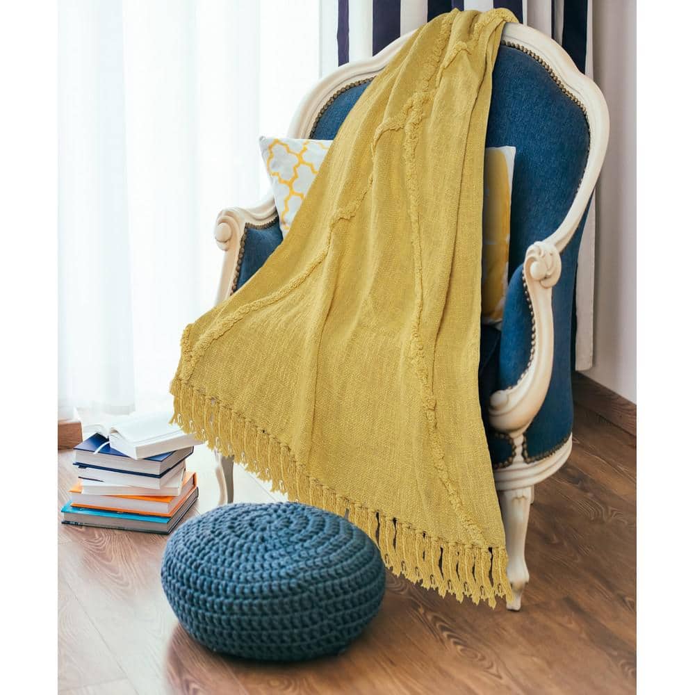 Bohemian Diamond Tufted Cotton Throw Blanket, Yellow, 50" x 60"