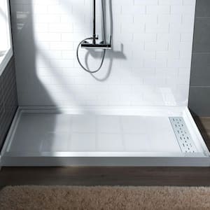 Krasik 48 in. L x 36 in. W Alcove Solid Surface Shower Pan Base with Right Drain in White with Chrome Cover