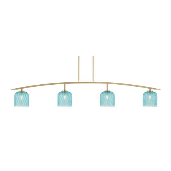 Unbranded Siena 4-Light New Age Brass Billiard Light with 7 in. Turquoise Textured Glass Shades, no bulbs included