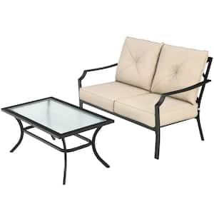 Black Metal Outdoor Patio Loveseat Bench Set with Beige Cushions and Coffee Table