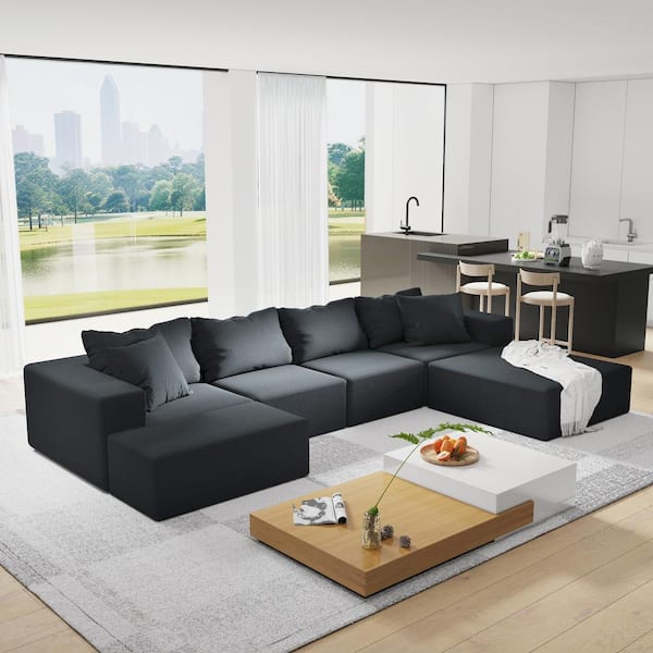 132 in. W Square Arm Chenille L Shaped Modular Free Combination Sofa in. Black