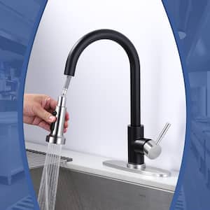 Henassor Single Handle Pull-Down Sprayer Kitchen Faucet with Deck Plate in Brushed Nickel and Black