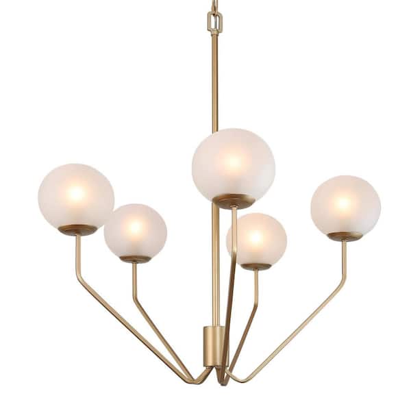 5-Light Gold Candlestick Chandelier with Frosted Glass Shade