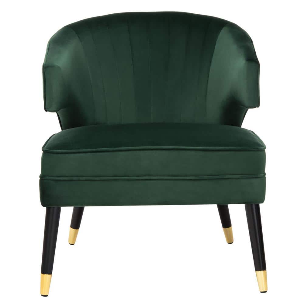 Transitional Forest Green Velvet Barrel Accent Chair with Black Wood Legs