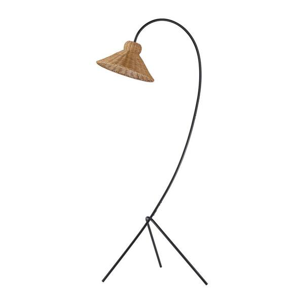 Unbranded 70 in. Black Metal Stylish 1-Light Arc Tripod Floor Lamp with Rattan Woven Shade