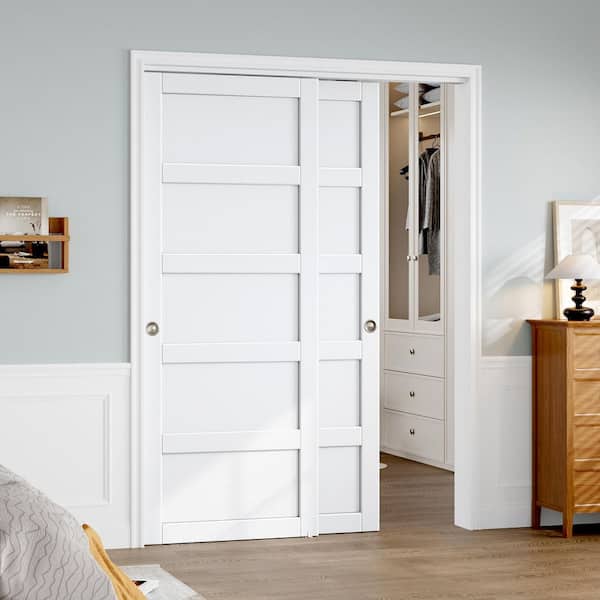 60 in. x 80 in. (Double 31 in.) H-style Solid Core Wood White Finished Composite Wood Sliding Door with Hardware