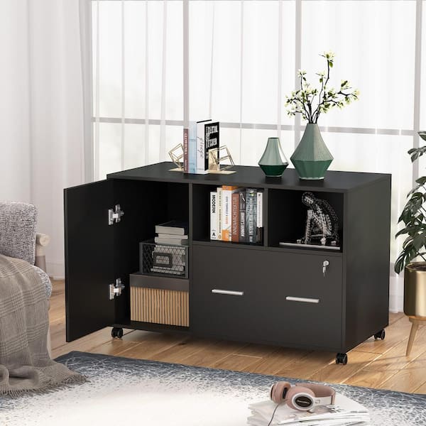 Large Mobile Printer Cabinet with Door, Lockable Casters and 2 Filing  Drawers, Black Marbled 