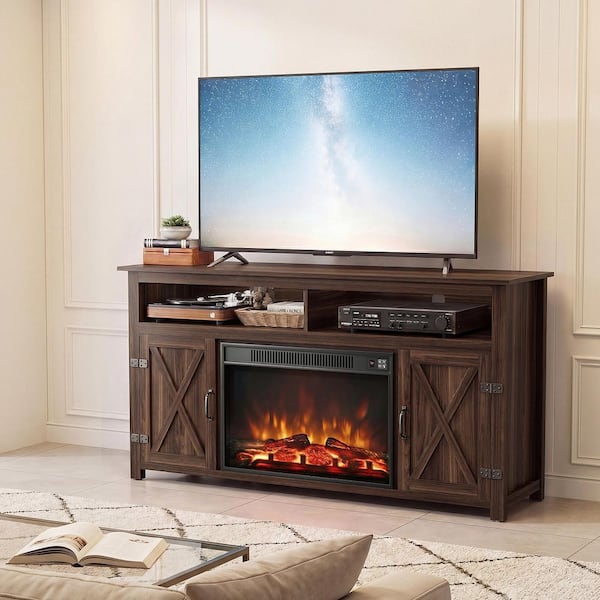 Natural Oak/Gray/Walnut TV Stand Fits TVs Up to 63 in. with Fireplace, Entertainment Center with Shelves and Cabinet