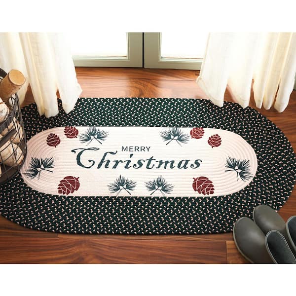 Braided Posters Ivory/Dark Natural 2 ft. x 3 ft. Machine Washable Merry Christmas Pine Oval Area Rug