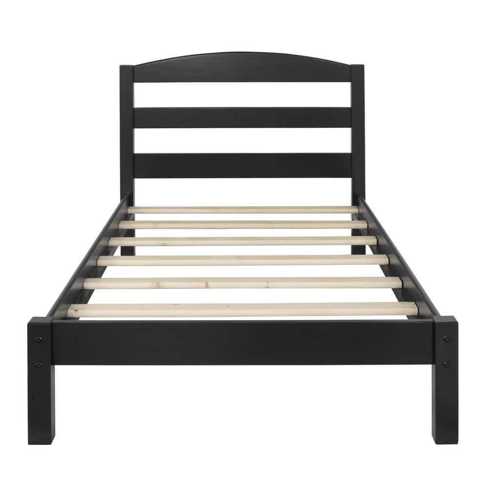 Braylon Minimalist Black Pine Twin Platform Bed with Headboard