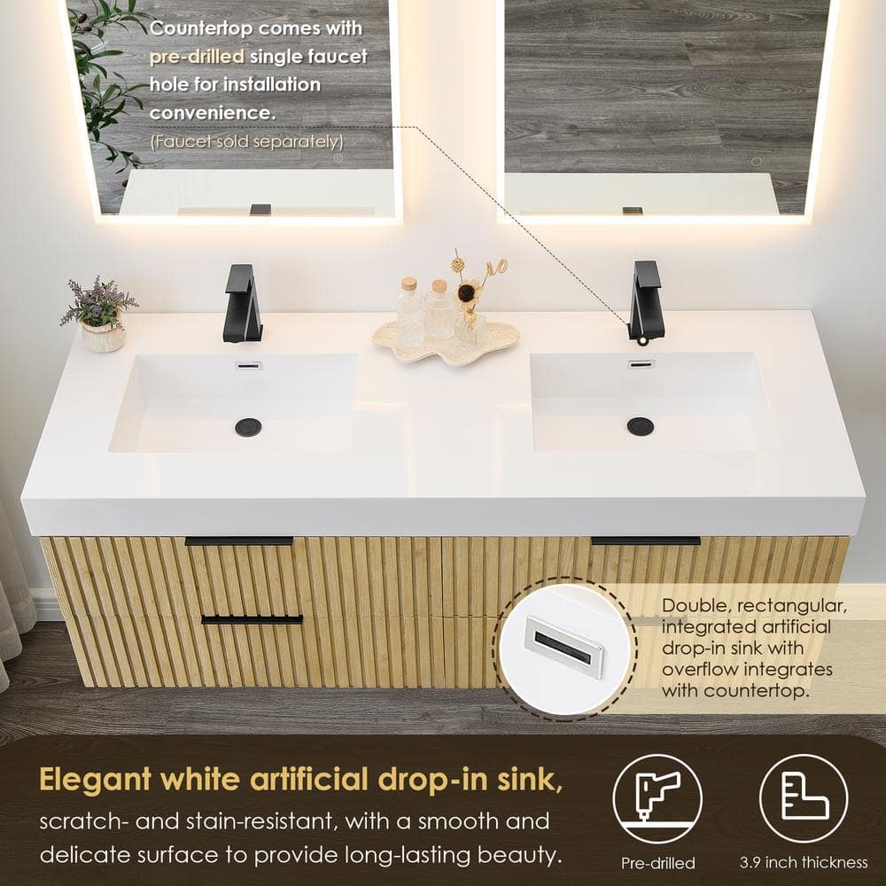 Livia 60" Nature Brown Fir Wood Wall-Mounted Vanity