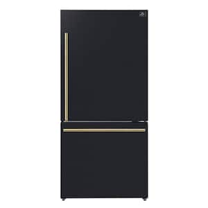 31 in. 17.2 cu. ft. Antique Brass Handles Included, Milano Espresso Bottom Freezer Right Swing Door Refrigerator, Black