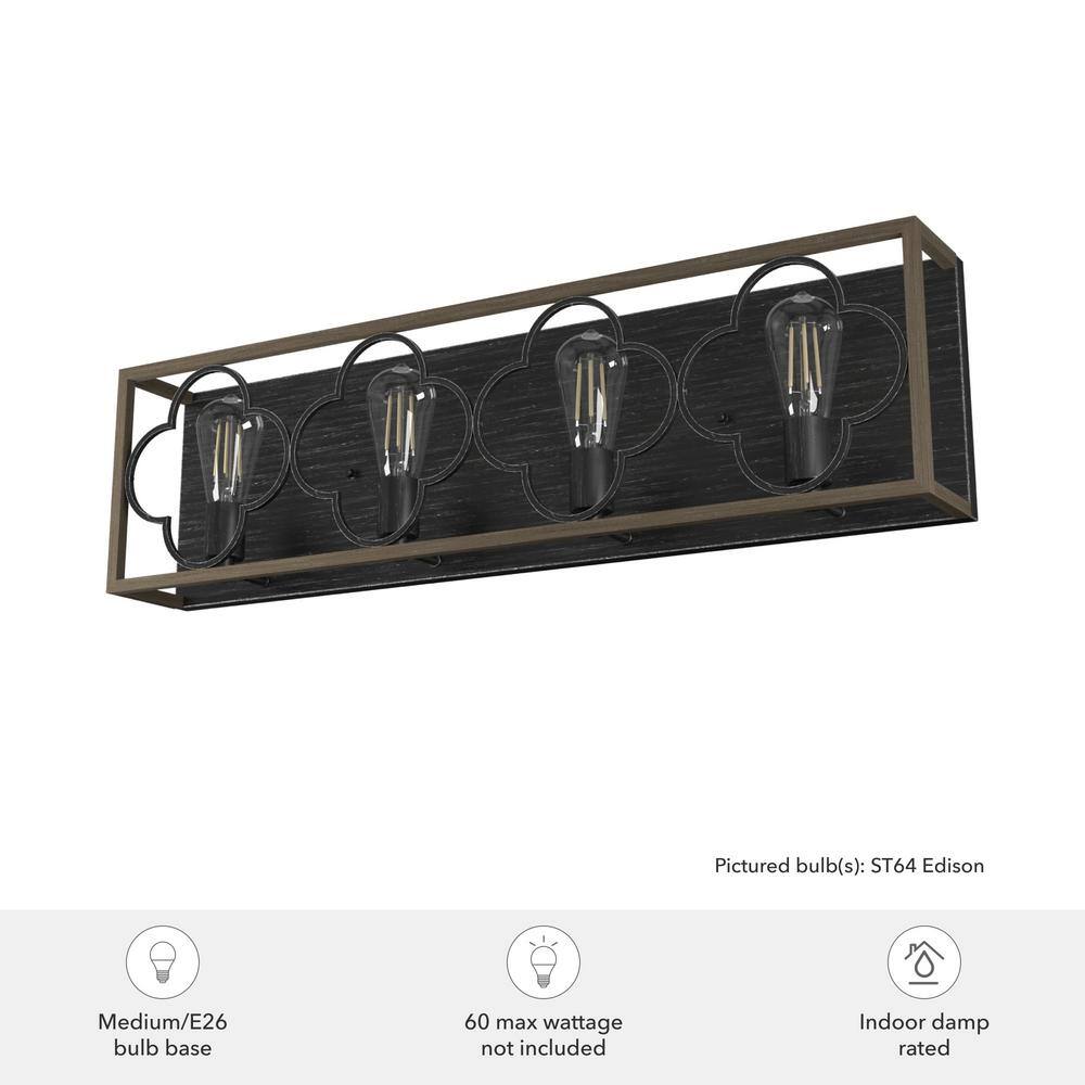 French Oak and Black Iron 4-Light Vanity Fixture