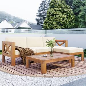 5-Piece Solid Wood Patio Conversation Set Group with Beige Cushions and Coffee Table