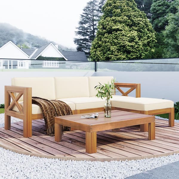 Unbranded 5-Piece Solid Wood Patio Conversation Set Group with Beige Cushions and Coffee Table