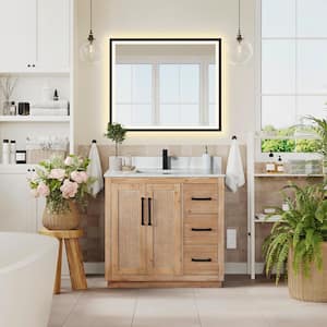 Floral 36 in. W x 22 in. D x 33 in. H Single Sink Bath Vanity in Ligth Brown with White Quartz Countertop and Mirror