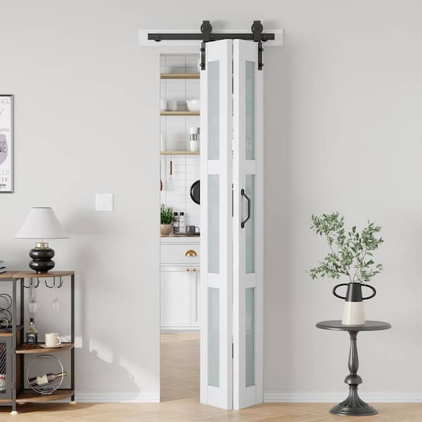 24 in. x 84 in. 3 Lite Frosted Glass Solid Core MDF Wood White Bi-Fold Door with Hardware