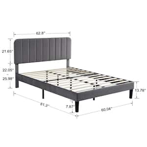 Upholstered Platform Bed Frame and 2-Nightstands with Drawer Set 3-Piece Gray Metal + Wood Queen Bedroom Set