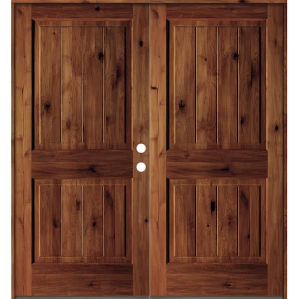 72 in. x 80 in. Rustic Knotty Alder Square Top Red Chestnut Stain/V-Groove Left-Hand Wood Double Prehung Front Door