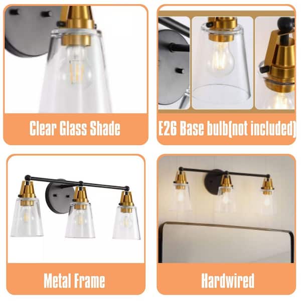 25.7 in. 3-Light Black+Bronze Vanity Light with Clear Glass Shade, E26 Wall Sconces for Living Room, Bedroom, Hallway