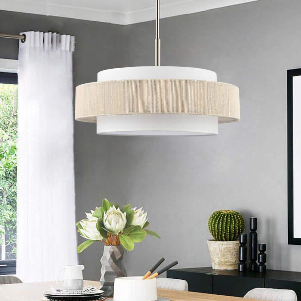 52" Brushed Nickel Double Drum Chandelier with Beige Rope Shade