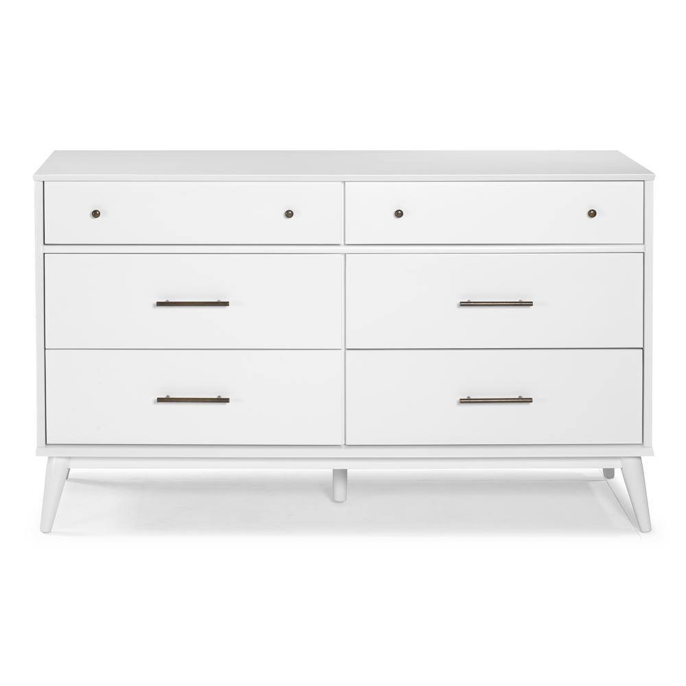White Solid Wood Mid-Century Modern 6-Drawer Dresser