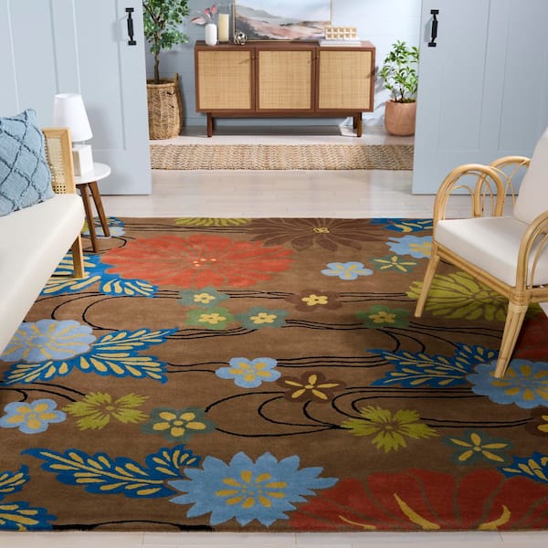 Soho 10 ft. x 14 ft. Brown/Multi Floral Solid Color Area Rug