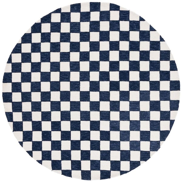 Martha Stewart 6 ft. x 6 ft. Navy/Ivory Check Round Rug