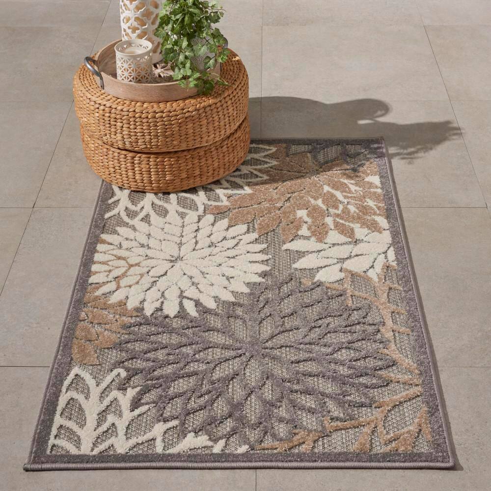 Gray and Brown Floral Synthetic Outdoor Rug, 32" x 48"