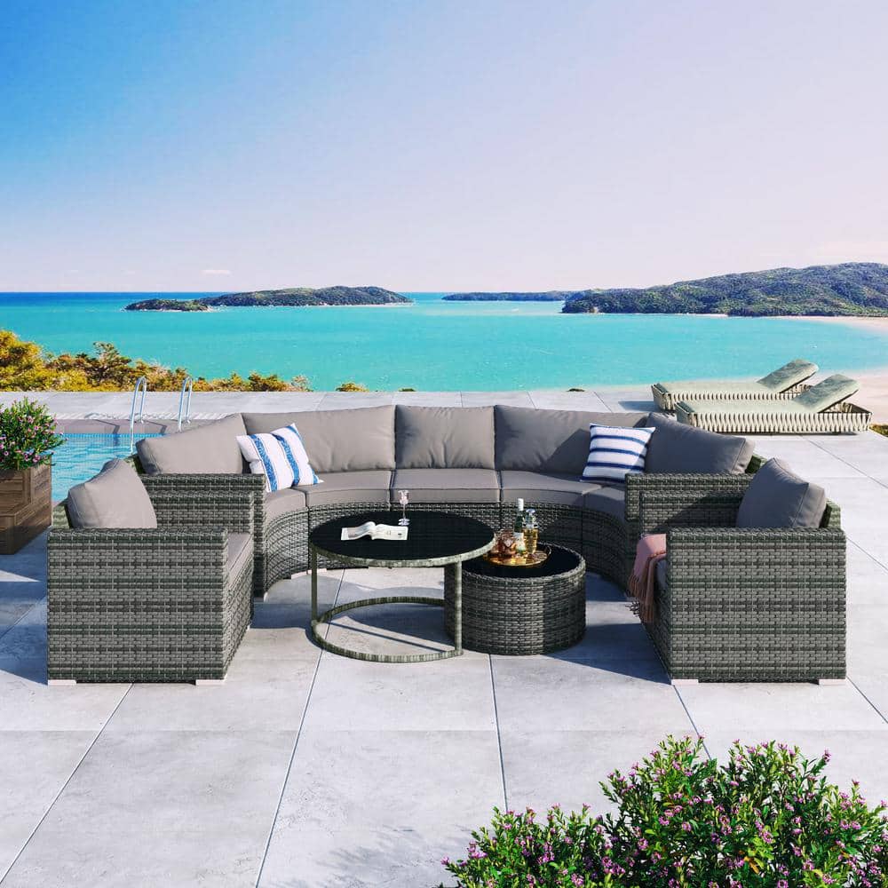Gray 9-Piece Wicker Half-moon Outdoor Sectional Set, Modern Style Round Pat