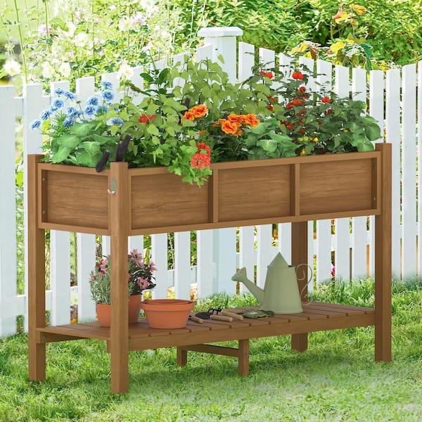 LUE BONA 46 in. L x 17 in. W x 28 in. H Brown Plastic Wood Raised Garden Bed with Tools, Water Resistant Elevated Planter Box