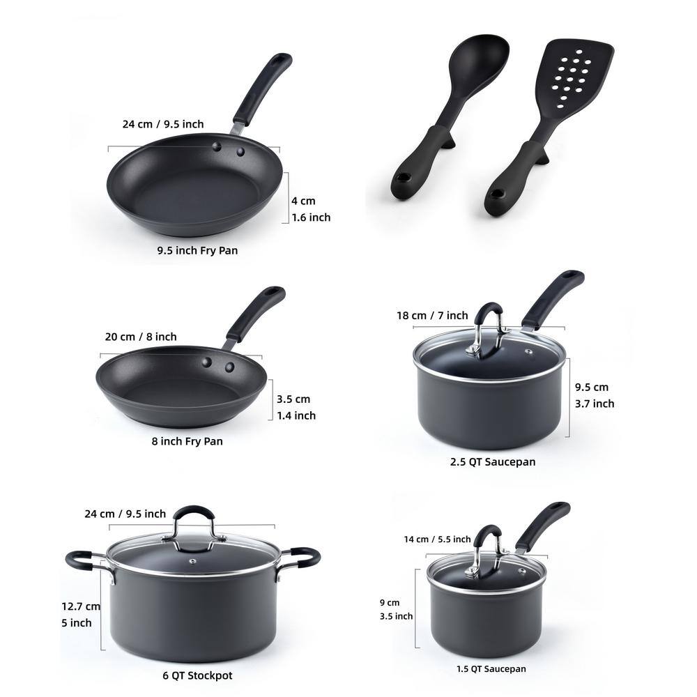 10-Piece Black Aluminum Nonstick Cookware Set with Stay-Cool Handles