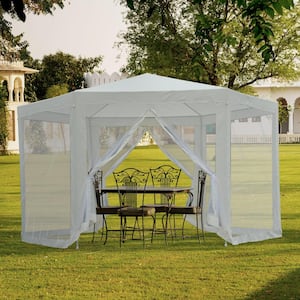 8.2 ft. Steel Frame Hexagon Sun Shade Canopy Tent with Protective Mesh Screen Walls and Proper UV Sun Protection, Cream