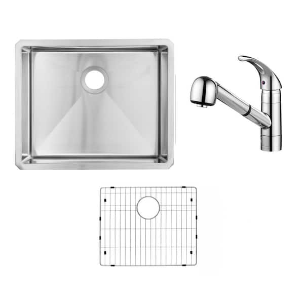 23 in. Handmade Tiny Radius Undermount Single Bowl 16-Gauge Stainless Steel Kitchen Sink with Pull-out Chrome Faucet