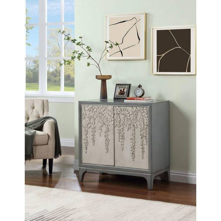 Litton Lane Gray Wooden 38 in. Relief 2 Door Floral Cabinet with Cream Front Doors and Cascading Leaf Design