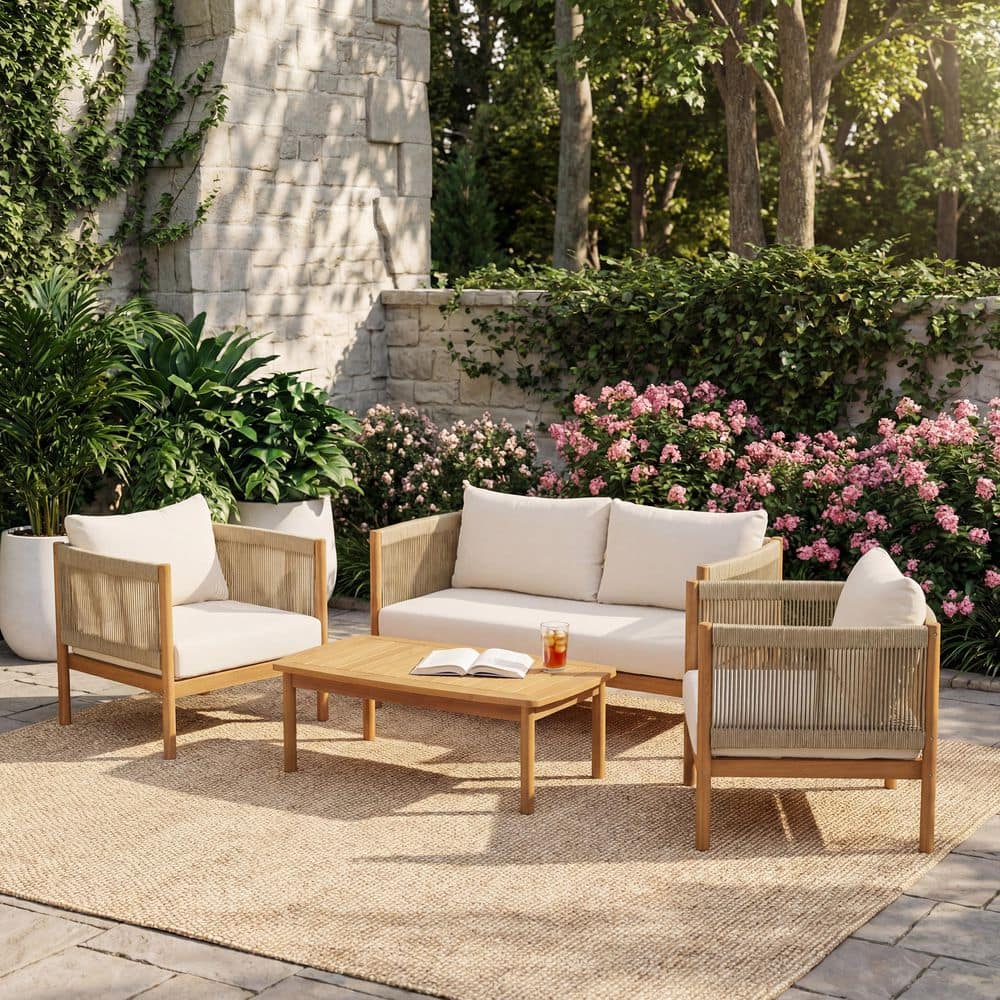 Maddox 4-Piece Patio Outdoor Conversation Set with Cream Cushions, Rope Panels Loveseat & Club Chairs, Teak Coffee Table price history on PriceWatchPro