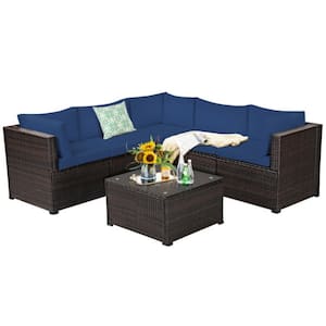 6-Piece Wicker Outdoor Sectional Set Patio Furniture Set with Navy Cushions