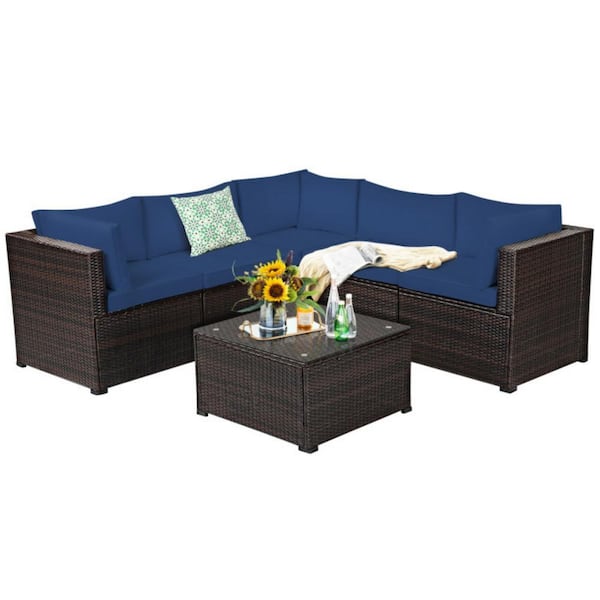 6-Piece Wicker Outdoor Sectional Set Patio Furniture Set with Navy Cushions