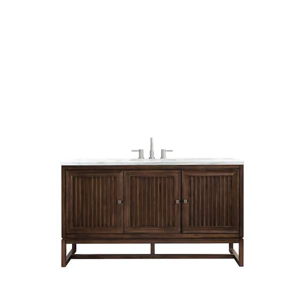 James Martin Vanities Athens 60 in. W x 23.5 in. D x 34.5 in. H Bath Vanity in Mid Century Acacia with Artic Fall Solid Surface Top and Basin