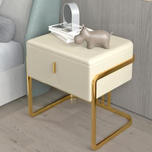 Minimalist Beige Nightstand Upholstered Leather Surface with 1 Drawer in Gold