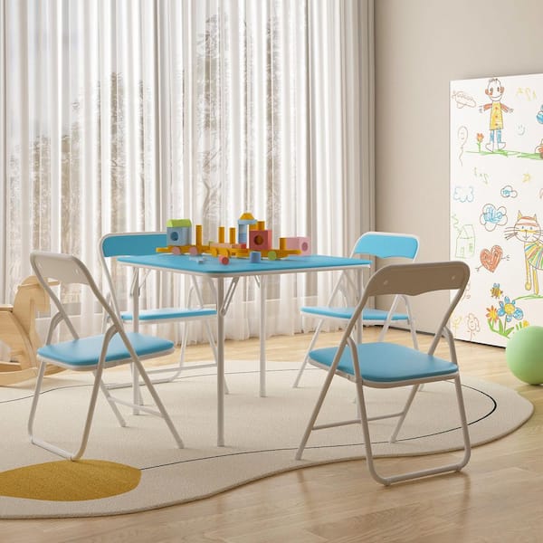 Kids Folding Table and Chair Set, 5-Piece Padded Activity Desk with 4-Chairs, PU Top, for Indoor and Outdoor, Blue