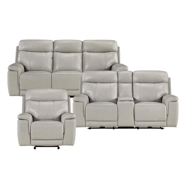 Davoren 87 in. W Pillow Top Arms Leather Rectangle 3-Piece Power Double Reclining Sofa Set in Light Gray