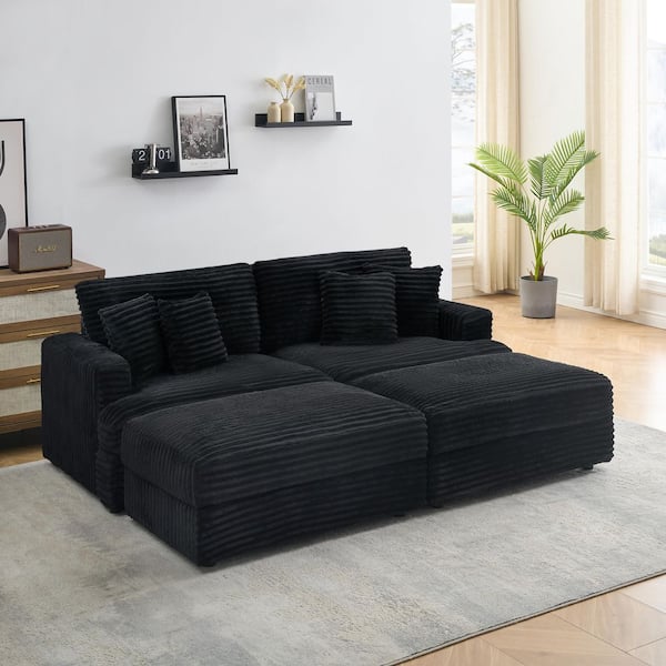 Deborah 88.58 in. Corduroy Upholstered Sectional Sofa in. Black with 4 Throw Pillows, 2 Ottomans