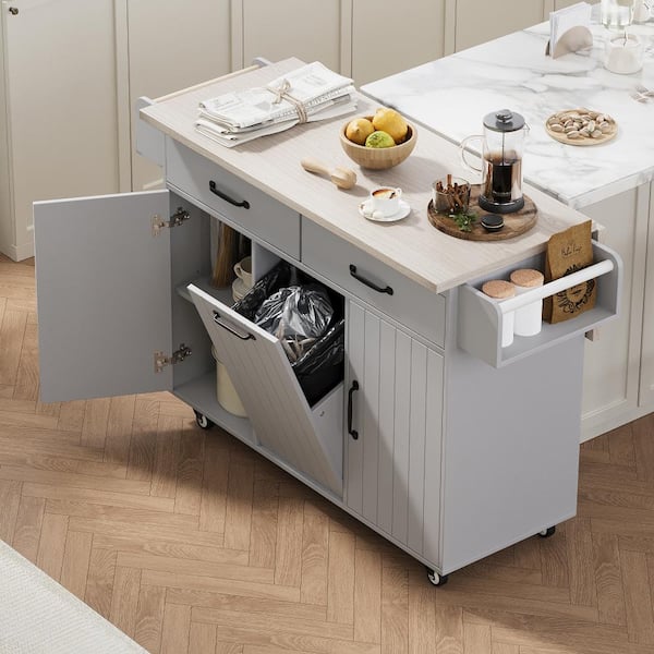 Gray Wood 51.1 in. Kitchen Island with Trash Can Storage Cabinet, Adjustable Shelf and Drawers